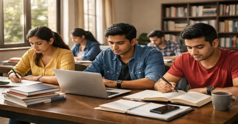 Indian students preparing for government job exams using books and laptops