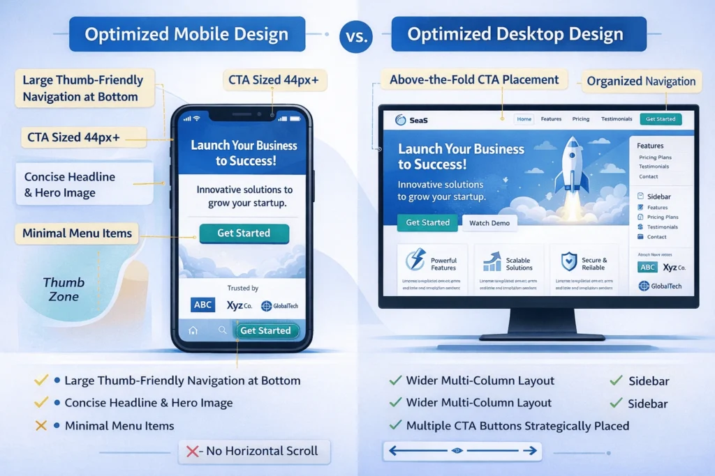 Mobile-first website design optimization showing thumb-friendly layout, large CTA buttons, and vertical scrolling versus desktop multi-column layout