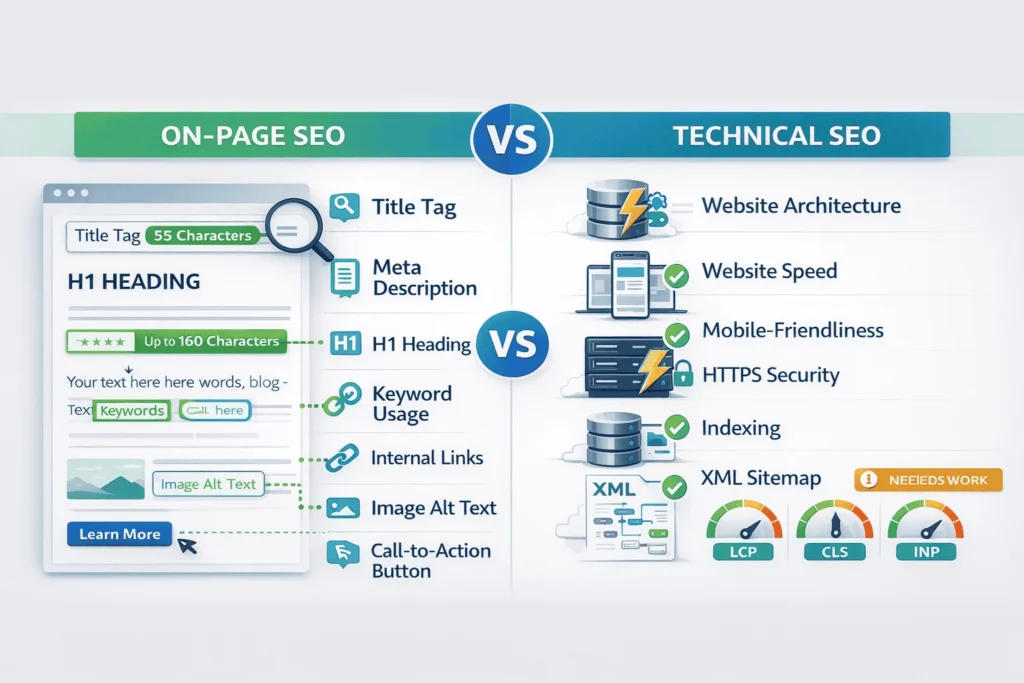 On-page SEO vs. technical SEO comparison showing content elements (titles, headings, links) on left and technical factors (speed, mobile, Core Web Vitals) on right