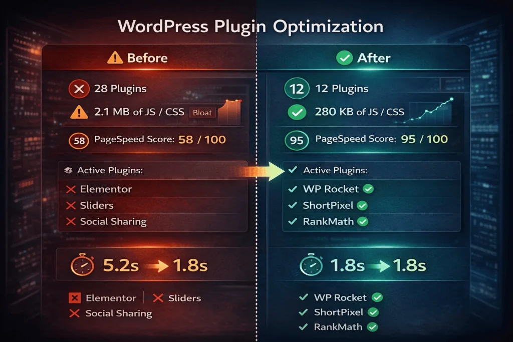 WordPress plugin optimization before/after: 28 plugins 5.2s load time → 12 plugins 1.8s with PageSpeed 95/100