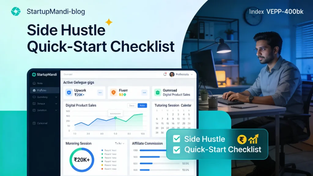 side hustles extra income featured image with laptop, rupee notes, freelance icons,