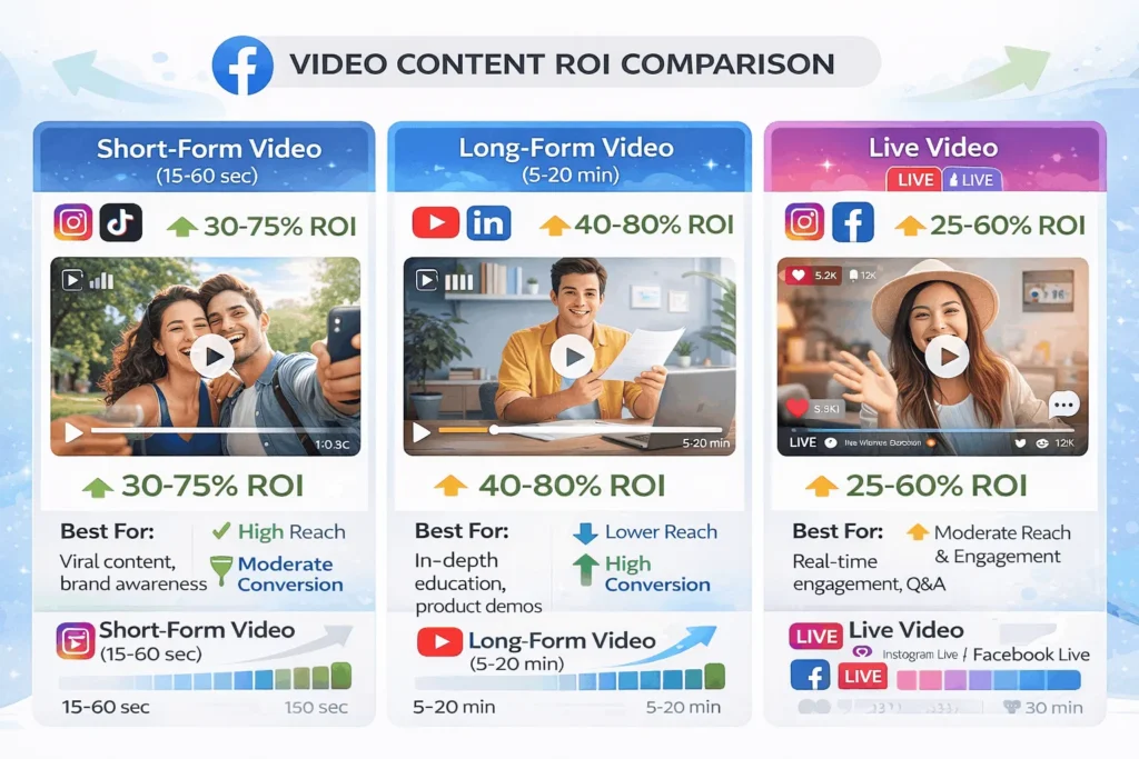 Video content strategy comparison showing ROI, reach, and conversion rates for short-form, long-form, and live video