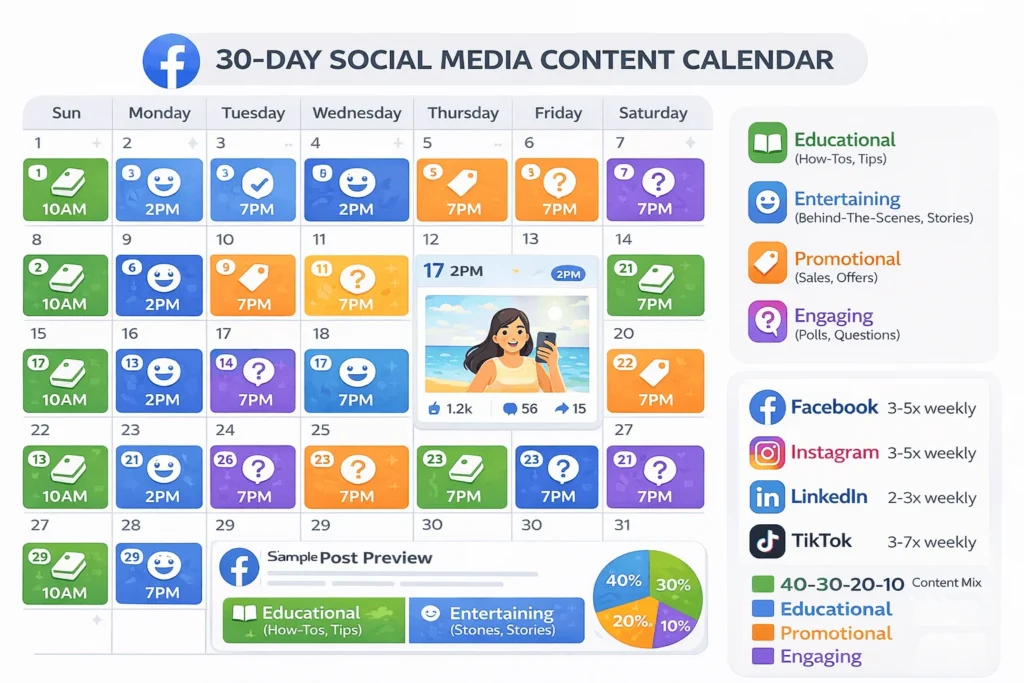 30-day social media content calendar template showing optimal content mix percentages for engagement and ROI