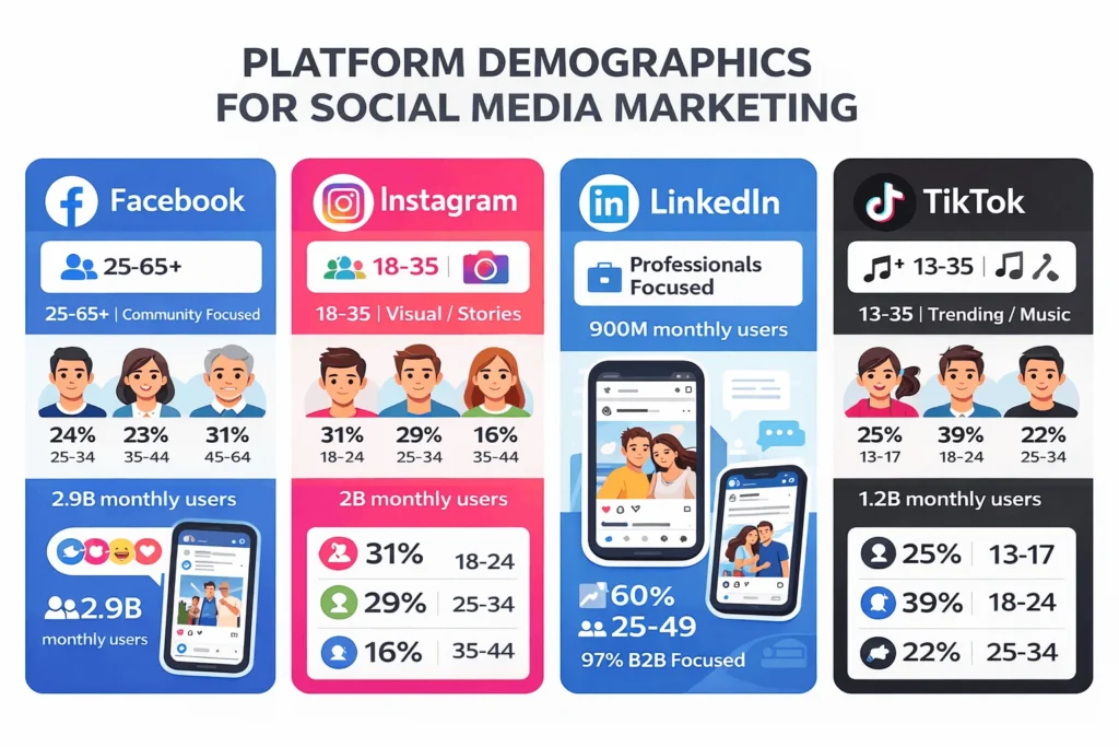 Social media platform demographics comparison showing optimal audience by age and industry type