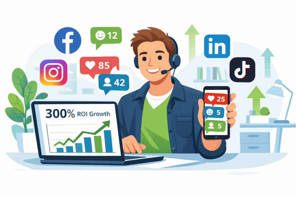 Small business owner managing profitable social media strategy across multiple platforms with analytics showing positive ROI growth