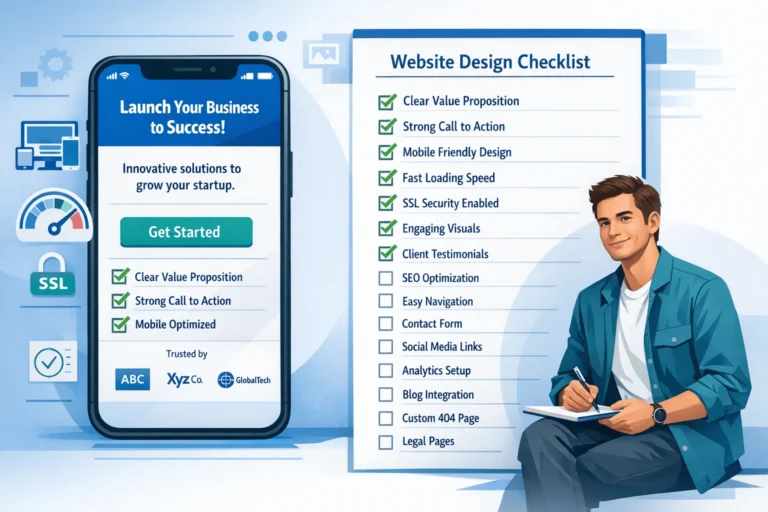 Startup founder reviewing website design checklist with mobile-responsive website and conversion optimization elements displayed