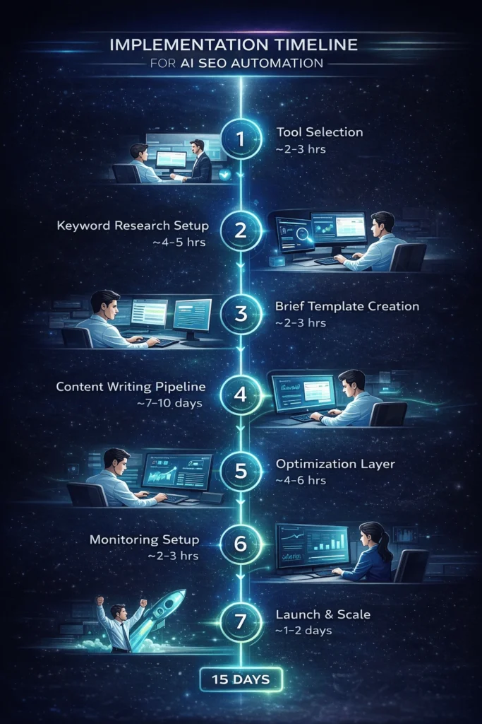7-step timeline for implementing AI SEO automation workflow over 15 days, from tool selection through launch and scaling