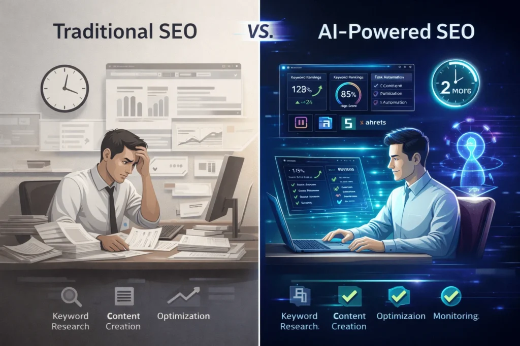 Comparison showing traditional manual SEO taking 8+ hours vs. AI-powered SEO automation completing same tasks in 2 hours