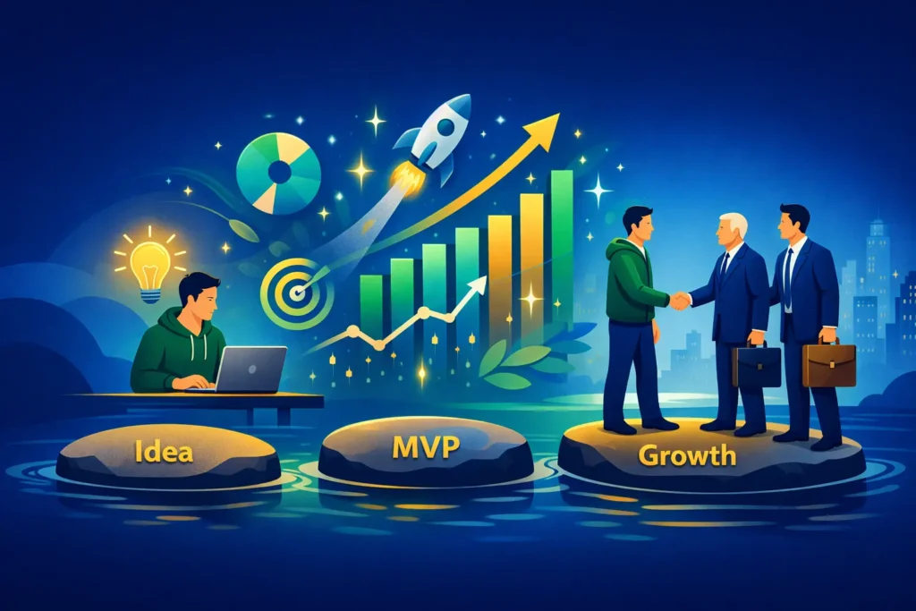 Early-stage venture capital journey illustration showing founder's progression from pre-seed through Series A with investor connections and growth metrics."