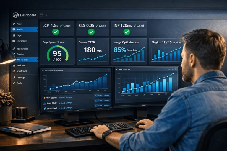 WordPress admin dashboard displaying Core Web Vitals scores, PageSpeed 95/100, server performance metrics, and active speed optimization plugins