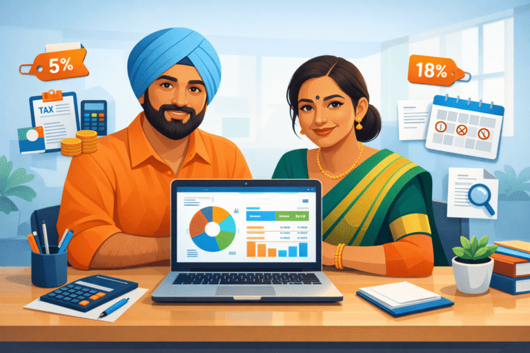Indian MSME owners reviewing GST dashboard, invoices, and compliance charts on a laptop in a modern office.
