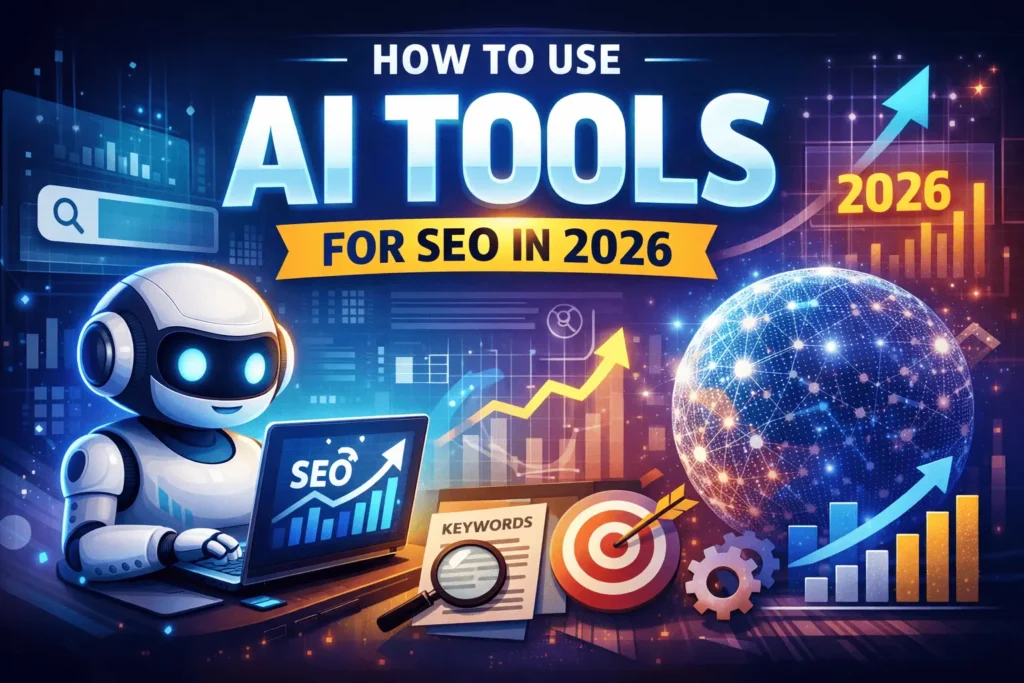 How to use AI tools for SEO in 2026 featuring a robot analyzing SEO data, keyword research, and growth charts on a futuristic digital dashboard.