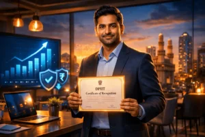 Indian startup founder with DPIIT recognition certificate in modern office