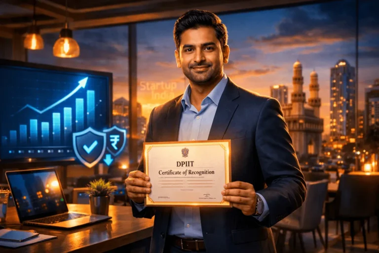 Indian startup founder with DPIIT recognition certificate in modern office