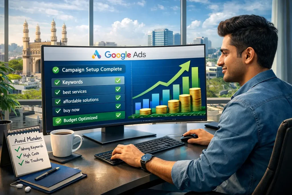 Beginner setting up Google Ads campaign dashboard avoiding budget waste