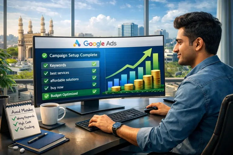 Beginner setting up Google Ads campaign dashboard avoiding budget waste