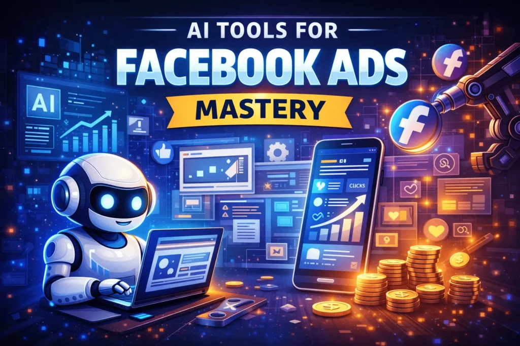 AI tools for Facebook ads mastery showing a robot managing Facebook ad campaigns, analytics dashboards, audience targeting, and ROI growth visuals.A futuristic featured image illustrating how AI-powered tools optimize Facebook Ads performance through automation, data insights, and smarter ad targeting for maximum conversions