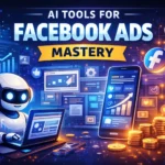 A futuristic featured image illustrating how AI-powered tools optimize Facebook Ads performance through automation, data insights, and smarter ad targeting for maximum conversions.