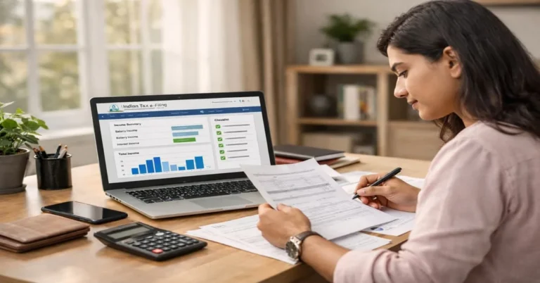 Online income tax return filing on laptop