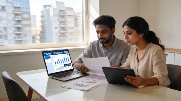Laptop on a wooden desk showing a colourful home loan EMI calculator with charts for loan amount, rate, and tenure