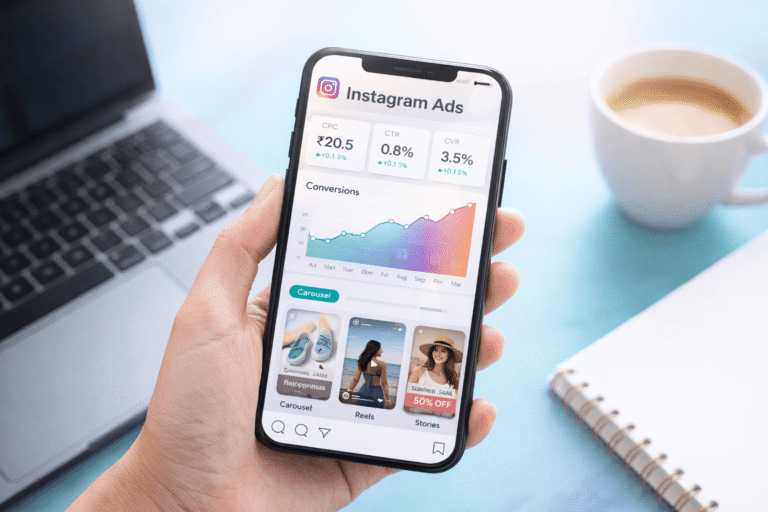 Mobile phone displaying Instagram Ads Manager dashboard with conversion metrics and campaign data on modern desk