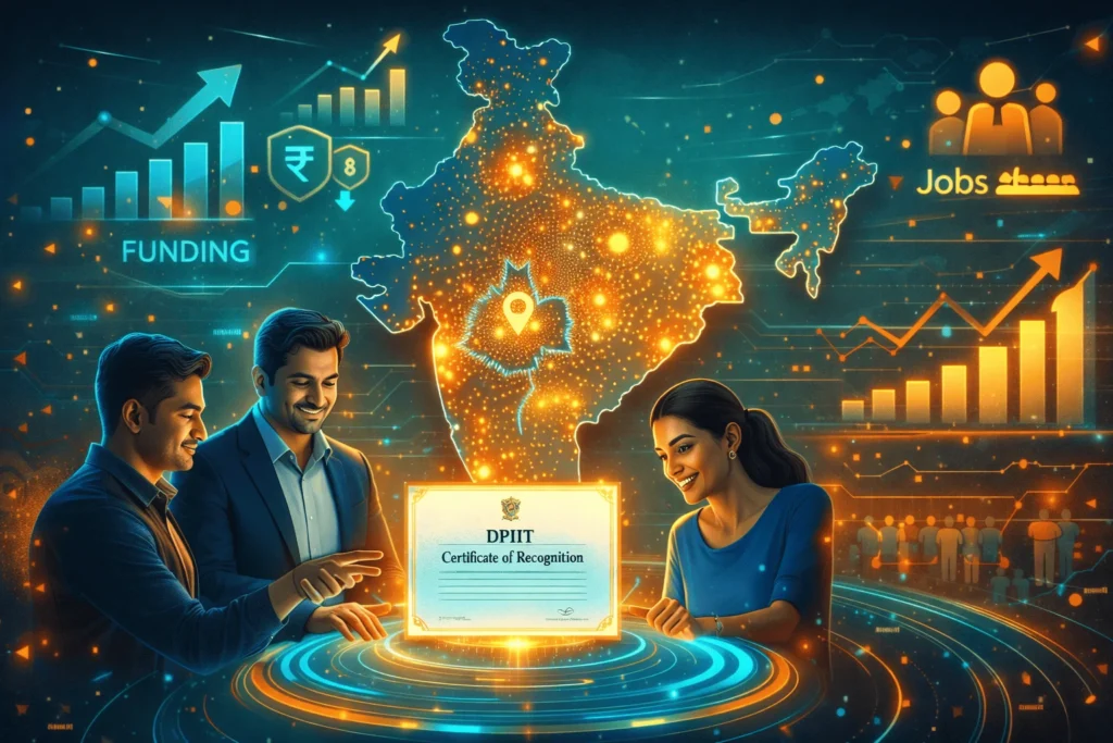 Text: India map highlighting DPIIT-recognized startups and benefits