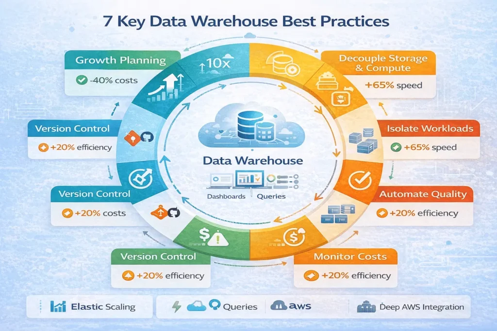 Seven best practices for scalable data warehouse architecture: planning for growth, decoupling storage/compute, ELT, quality automation, workload isolation, cost monitoring, and version control
