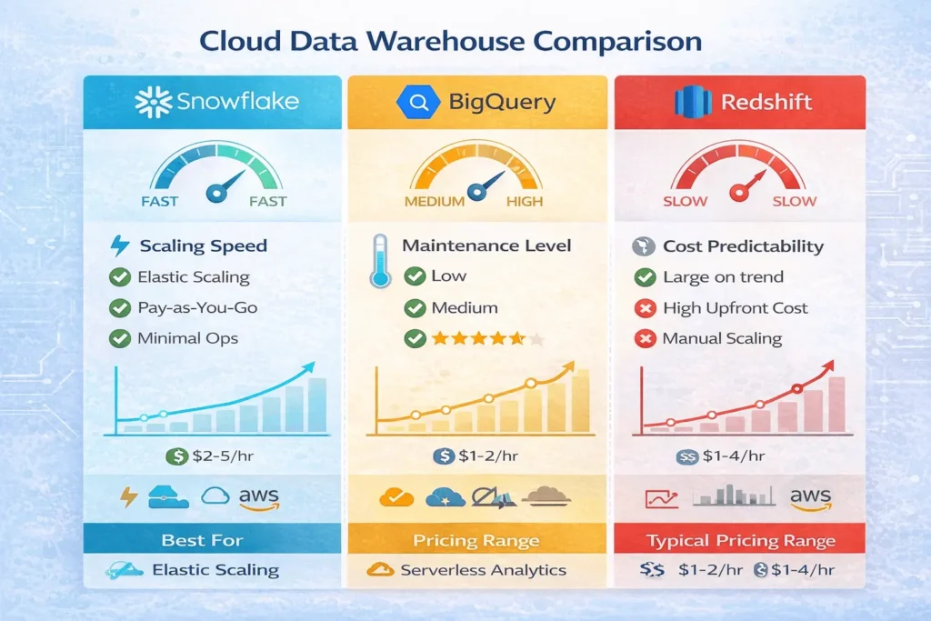 Detailed comparison table of Snowflake, BigQuery, and Redshift showing scaling speed, maintenance, performance, cost, and ideal use cases