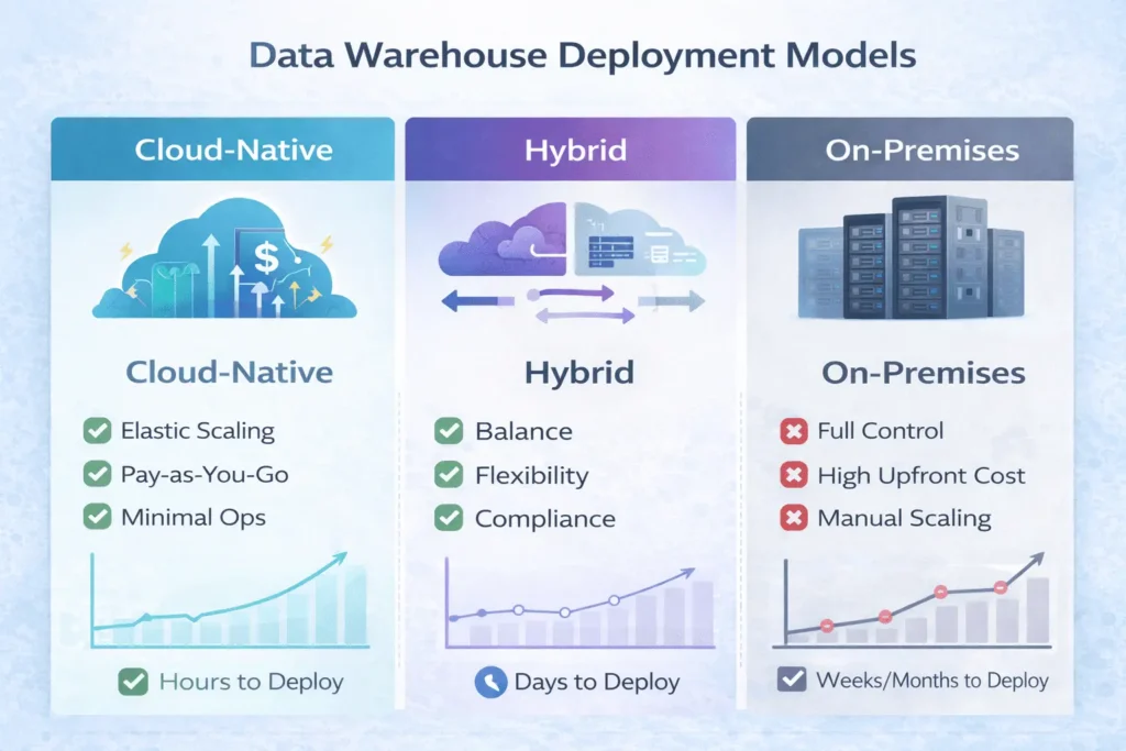 Comparison of three data warehouse deployment models: cloud-native (scalable, pay-as-you-go), hybrid (balanced flexibility), and on-premises (maximum control)