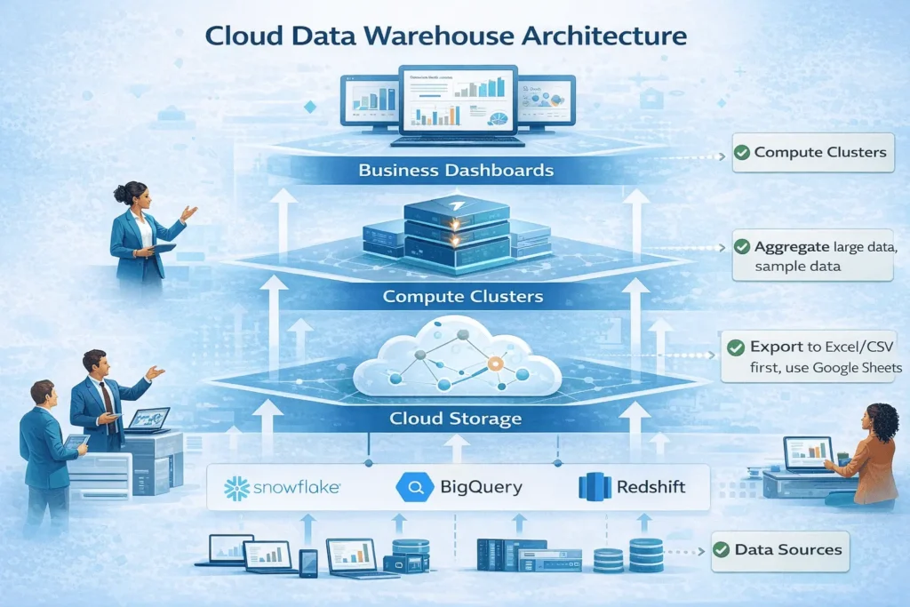 Modern cloud data warehouse architecture diagram showing data sources, cloud storage, compute clusters, and business analytics dashboards connected through data pipelines