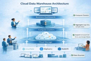 Modern data warehouse architecture: cloud-native platforms separate storage and compute for independent scaling and cost efficiency.