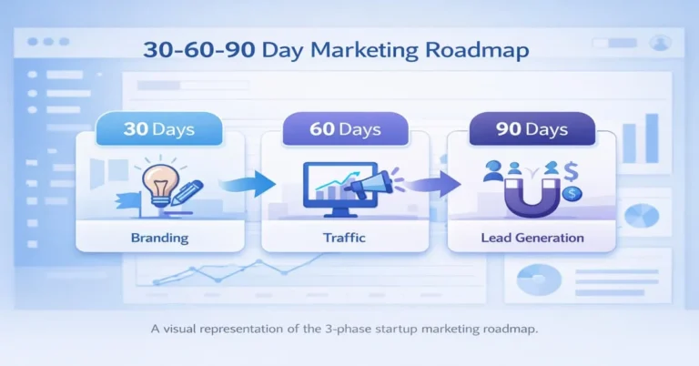 30-60-90 day marketing roadmap for startups showing branding, traffic, and lead