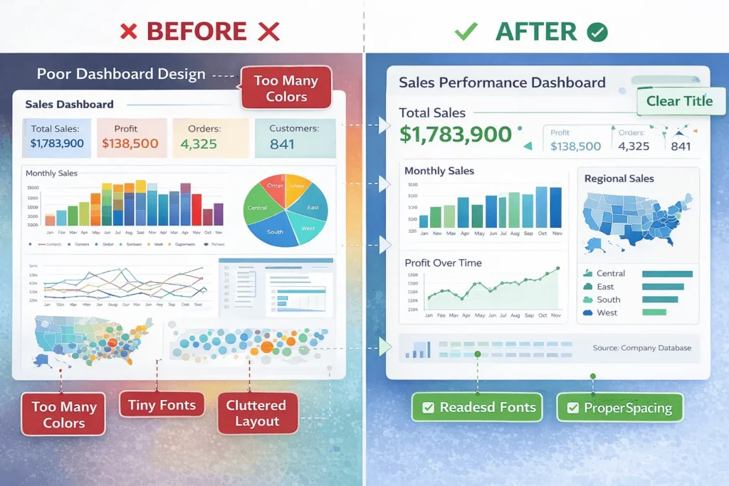Side-by-side comparison of poorly designed vs professionally designed Tableau dashboard showing formatting improvements.