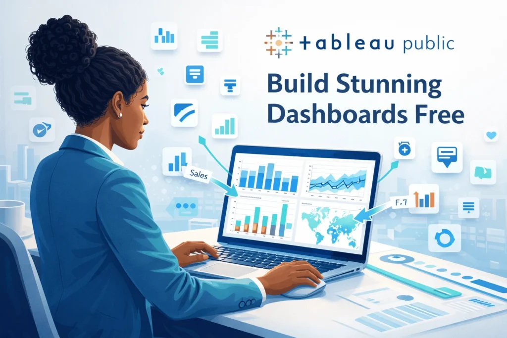 Person building interactive Tableau Public dashboard on laptop with colorful charts and drag-and-drop interface illustrated.