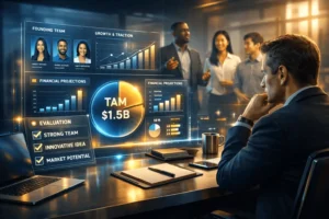 Venture capitalist evaluating startup metrics on advanced dashboard