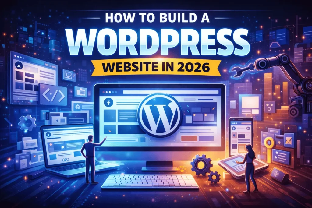 How to build a WordPress website in 2026 showing a futuristic WordPress dashboard, website layouts, and developers using modern web design tools.