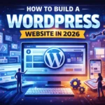 A futuristic illustration representing the step-by-step process of building a modern WordPress website in 2026 using advanced design tools, automation, and smart workflows.