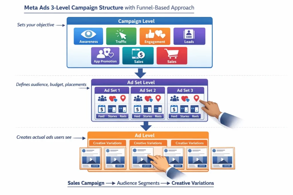 Meta Ads 3-level hierarchical campaign structure showing Campaign level (objectives), Ad Set level (audience, budget, placements), and Ad level (creative, copy, CTA) with visual examples
