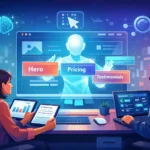 Futuristic illustration of AI and humans collaboratively using a no-code website builder with analytics and AI search snippets in the background