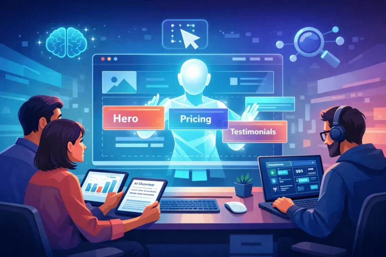 Futuristic illustration of AI and humans collaboratively using a no-code website builder with analytics and AI search snippets in the background