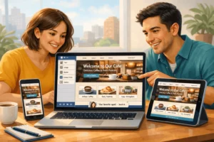 Small business owner using a drag-and-drop website builder on a laptop, with the same website previewed on tablet and mobile devices