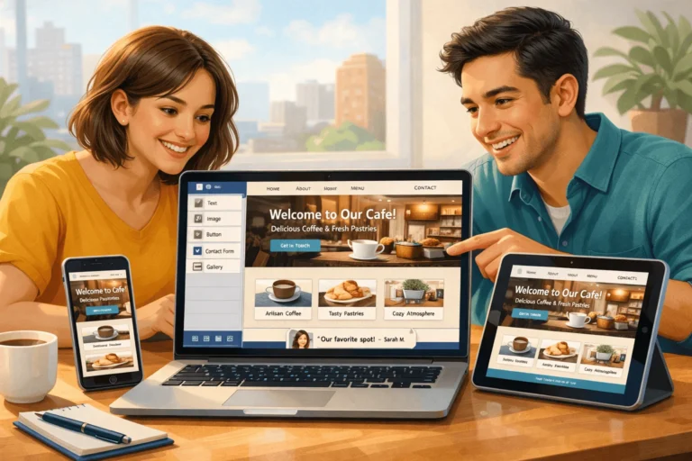 Small business owner using a drag-and-drop website builder on a laptop, with the same website previewed on tablet and mobile devices