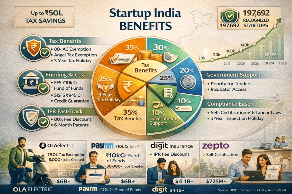 Startup India 17 benefits pie chart categorizing tax savings (35%), funding access (25%), government support (20%), compliance ease (10%), IPR fast-tracking (10%) with specific scheme values