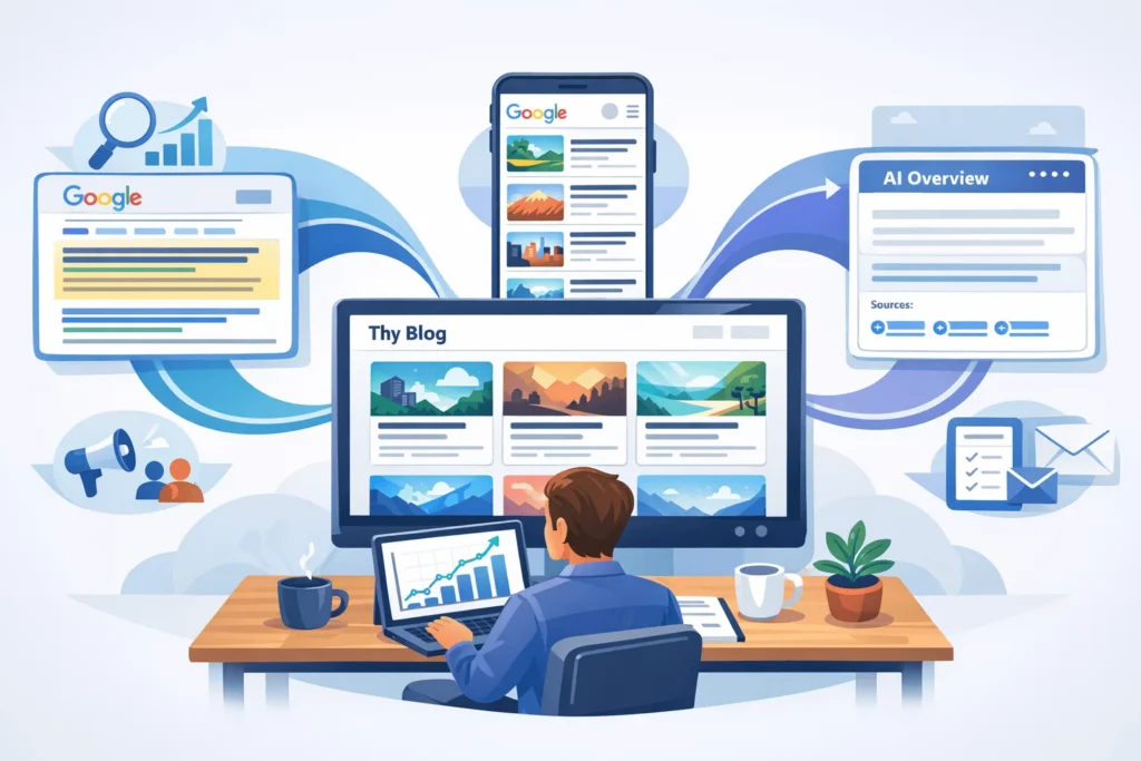Central blog page on a website sending traffic to Google search results, Google Discover cards, and AI answer boxes, with analytics showing growth