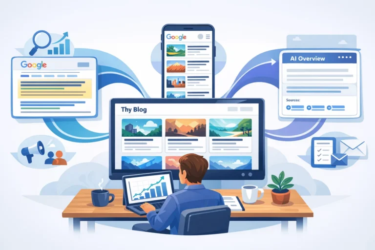 Central blog page on a website sending traffic to Google search results, Google Discover cards, and AI answer boxes, with analytics showing growth