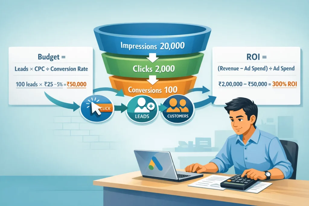 Infographic showing Google Ads budget and ROI formulas with rupee examples, a funnel from impressions to conversions, and a business owner calculating returns