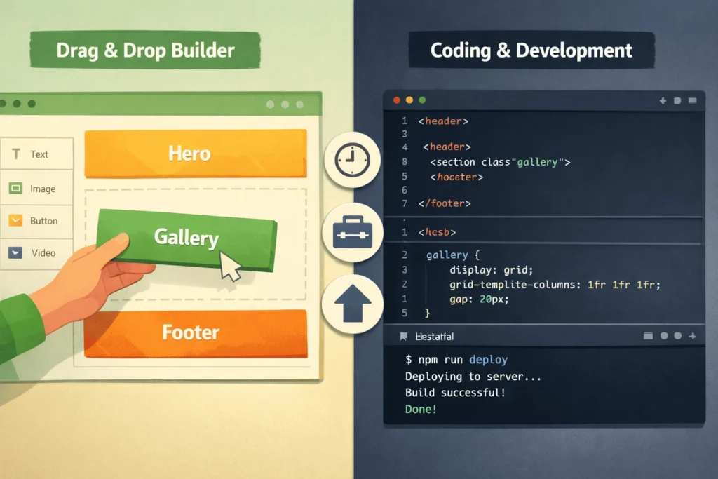 Split-screen comparing a visual website builder with drag-and-drop blocks on the left and a code editor with HTML/CSS on the right