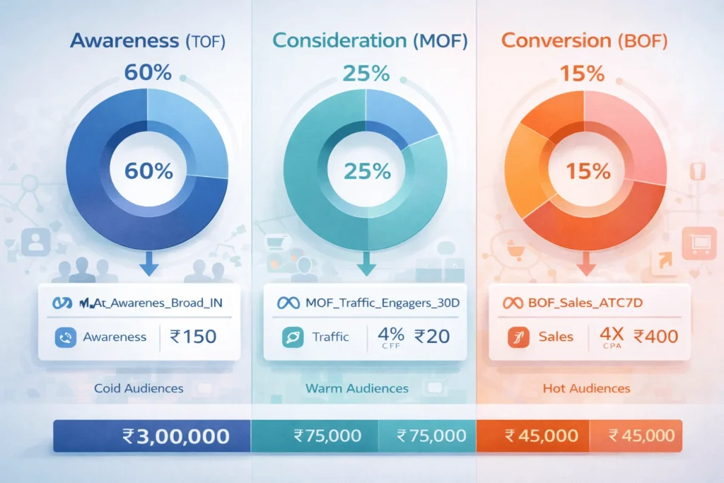 Visualization of Meta Ads budget structure showing separate awareness, consideration, and conversion campaigns with a 60/25/15 budget split and example KPIs
