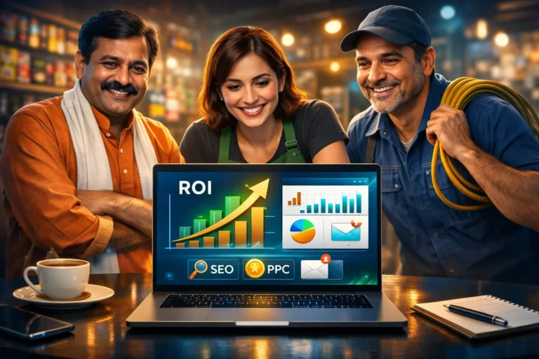 Diverse small business owners reviewing digital marketing ROI dashboard on laptop.