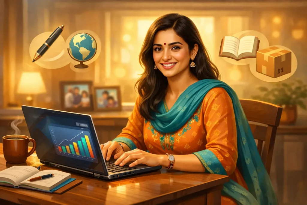 Generate a vibrant, realistic scene of a young Indian student freelancer at a simple desk in a small room, typing on laptop with Upwork/Fiverr screens visible (no real logos), portfolio sketches nearby, earning notifications popping up. Include motivational elements like rising graph icon and clock showing flexible hours. Soft natural daylight filtering through window, color palette of blues and greens for trust/productivity, matte textures on wooden desk, semi-realistic digital painting style. Mood: focused achievement. Composition: three-quarter view. No text. Aspect ratio: 16:9. For use in: illustrating freelance startup without degrees."